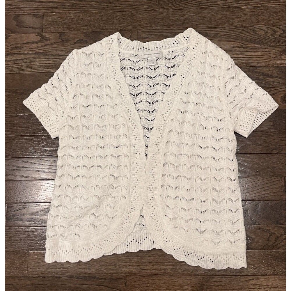 Christopher & Banks Crochet knit White Open Front Cardigan Sz M Wool Cotton Gran